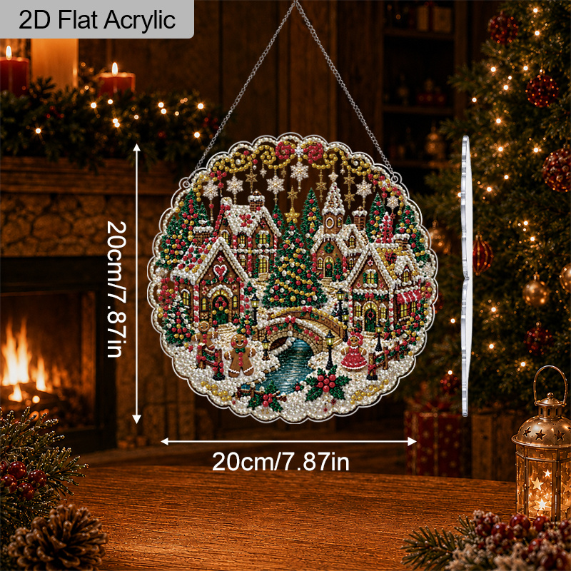 TEMU 2d Flat 20/25cm Acrylic Christmas Diamond Painting Suncatcher, Hanging Ornament, Snowy Town Church Gingerbread Man Round Wall Window Pendant,