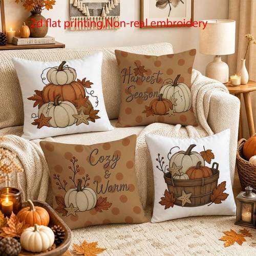 item picture 2d flat printing 4pcs autumn pumpkin and fallen leaves pillowcases warm and main color decorative style suitable for seasonal soft updates home reading nook and lounge chair cushion decoration pillow inserts not included