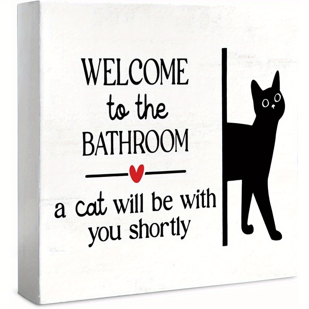 TEMU 1pc Rustic Artificial Wood "welcome To The Bathroom A Cat " Sign - Desk Decor, Durable 2d Flat Design, Perfect Gift For Pet Owners, 5x5 Inches, Bathroom Decor