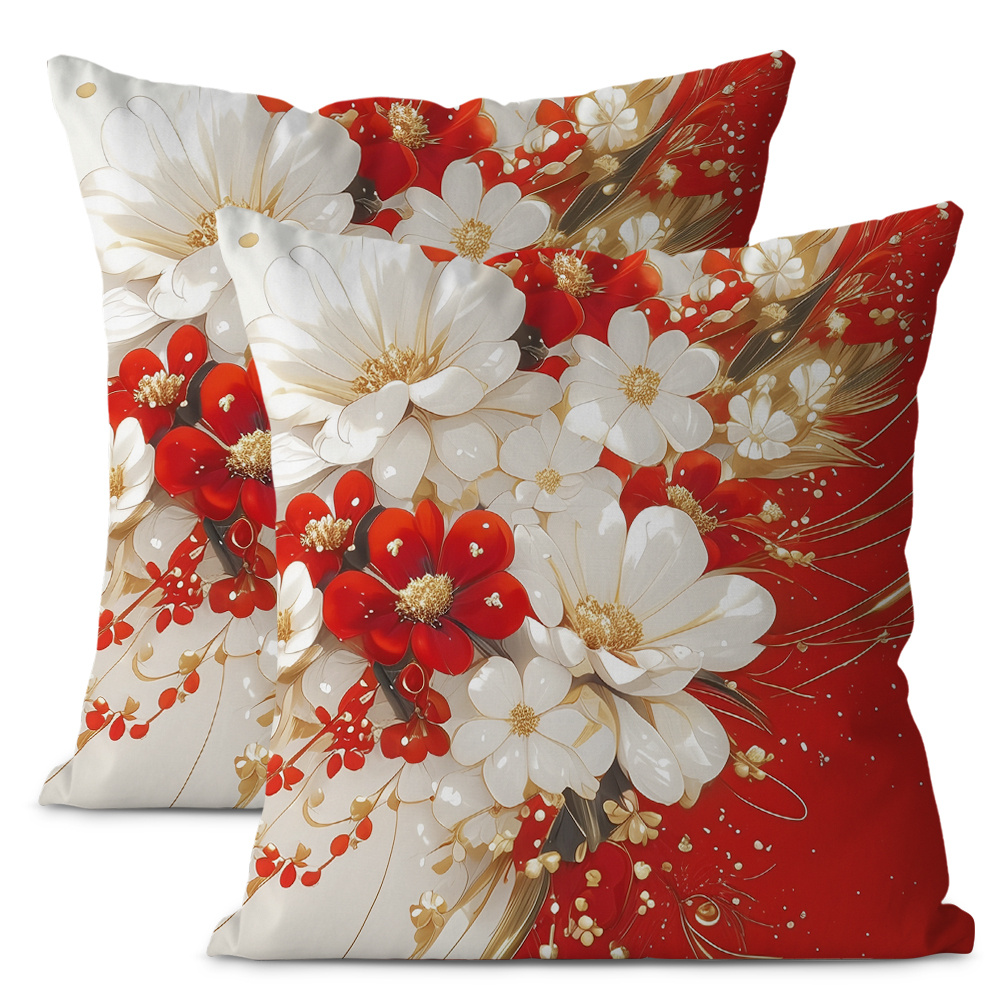 

2pcs, Flower Patterns, Red, White, Golden Accents, Luxurious Style, Artistic , Art, Throw Pillow - Soft And Comfortable Sofa Pillow For Living Room, Bedroom, And Car - Cover With No Pillow - 18x18 In