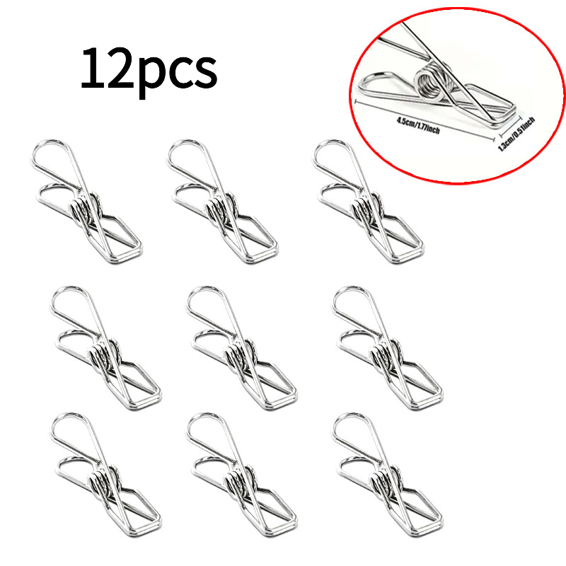 TEMU Juego de 12 piezas de cuerda para tender ropa de acero inoxidable con pinzas de metal resistentes y antioxidantes, tendedero portátil para