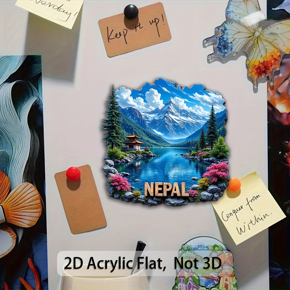 A Single Decorative Plaque And Ornament in The Form of a 2D Flat Acrylic Fridge Magnet Featuring a Landscape from Nepal. This Fridge Sticker Serves As a Travel Keepsake And Is Ideal for Enhancing Home Decor, Particularly in Kitchens