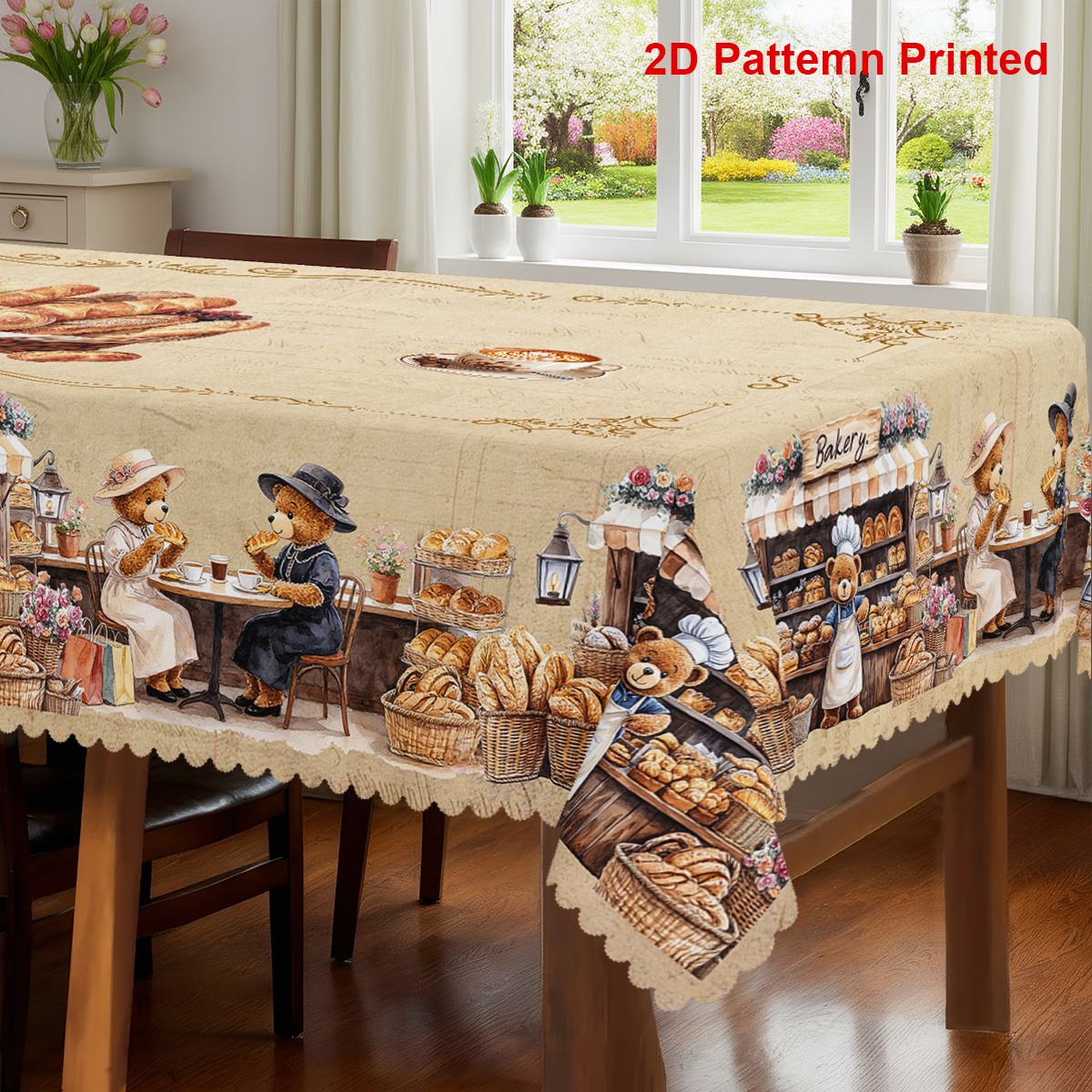 TEMU 1pc, Food Themed Party Tablecloth, Spring Summer Vintage Coffee Floral Printed Design, Rectangular/round/oval Table Cloth, Embossed Edge,