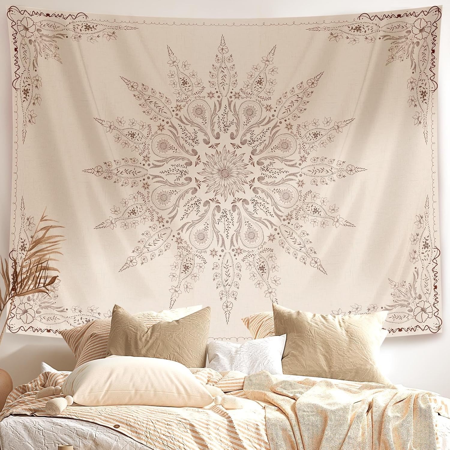 TEMU 1pc Bohemian Mandala Tapestry Wall Hanging Suitable For Teen Girls Room Decor, Vertical Wall Hanging With Free Installation Kit, Linen Color