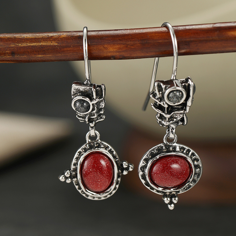 Women's Vintage Distressed Long Earrings with Asymmetrical Oval Pendant