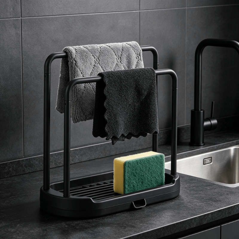 TEMU 1 égouttoir à torchons de cuisine de comptoir - Organisateur d'évier multifonctionnel avec plateau d'eau amovible et à double tige, adapté pour