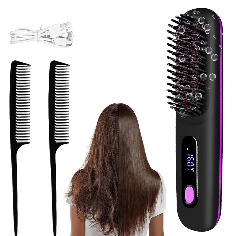 TEMU Wireless Hair Straightener Brush - Fast, Temperature Control, Led Display, Lightweight & Portable Design For Home & Travel, Usb Rechargeable,