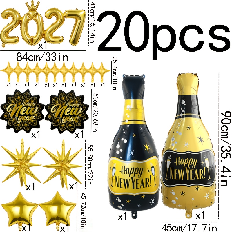TEMU 20pcs--2027 New Year Foil Balloon Set, Including T-ties Crown 2027 Number Balloons, Bottle Foil Balloons, -corner Stars, Star Balloons And New
