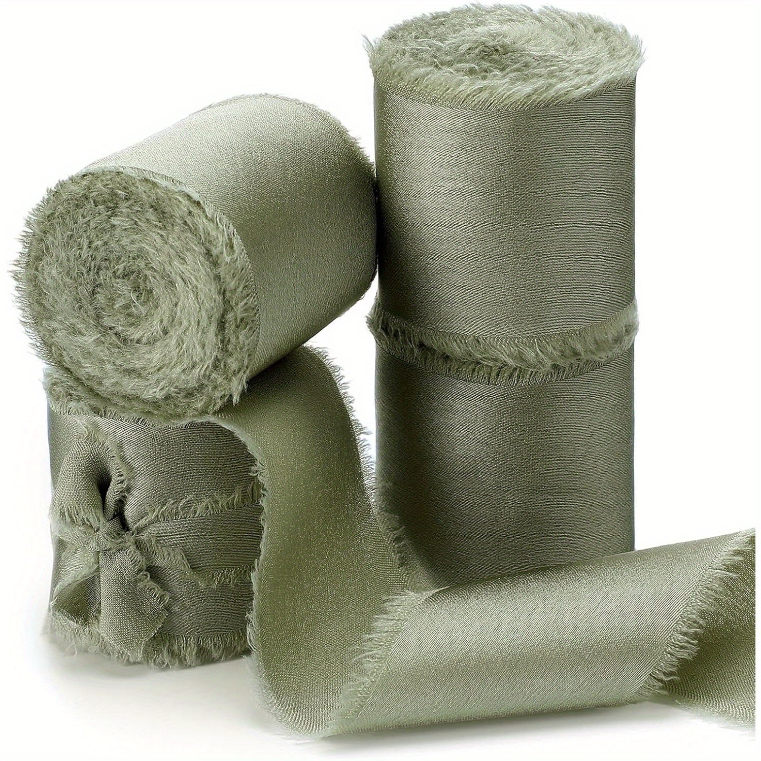 Image of 4 Rolls Of 1.5-inch By 20- Sage Green Satin Ribbon With Frayed Fringe, Perfect For Gift Wrapping, Wedding Invitations, Bridal Bouquets, Shower Decorations, And Home Decor