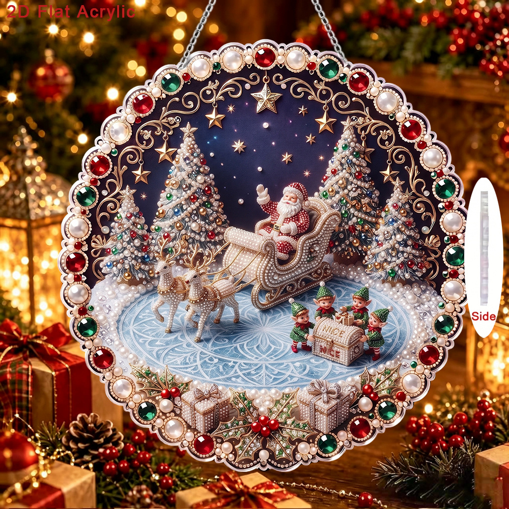 TEMU 2d Flat, Full Diy Christmas Rhinestone & Pearl Garland Ornament Kit With Santa Reindeer Sleigh Design - Acrylic Pearl & Rhinestone Craft With