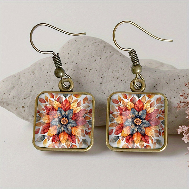 TEMU 1 Pair Autumn Leaf Mandala Square Earring Retro Glass Dangle Earrings Handmade Jewelry Gift For Friend