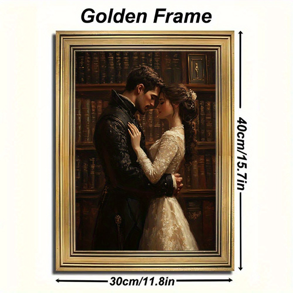 TEMU [romantic Charm] Romantic Couple In Vintage Library Wall Art With - Detailed Library Scene With Books And Ladders, Ideal For Bedroom, Living