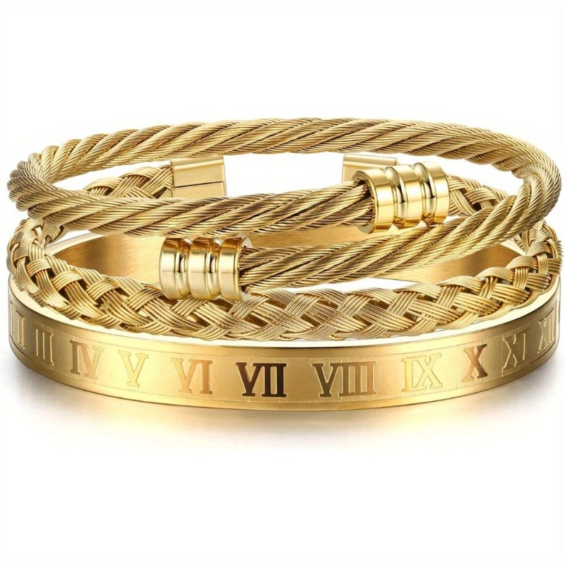 3pcs Men' Steel Bracelets - Roman & Twisted Cable Bangle Cuff, Adjustable Gifts Suitable For Valentine's Day, Mardi Gras, Weddings, Birthdays - Durable & Versatile For Casual Attire