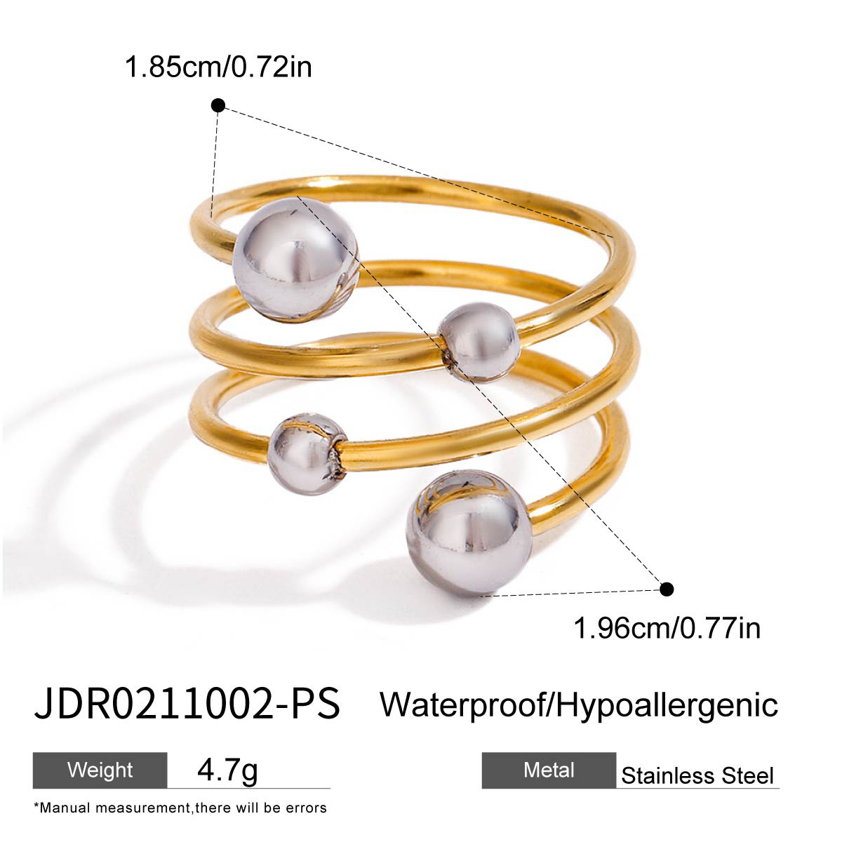 E-shop Europäischer und amerikanischer Stil Edelstahl Gold- und Silberfarben Blockiert Kugelförmiger Mehrschichtiger Offener Ring, Einzigartiger und