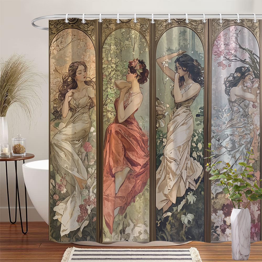 1pc Women Triptych Shower Curtain, 3 Women In Flowing Dresses Set Against Floral Backgrounds, Vintage Bathroom Decor, Polyester Fabric Shower Curtain, 70.86x70.86in, 12 Hooks