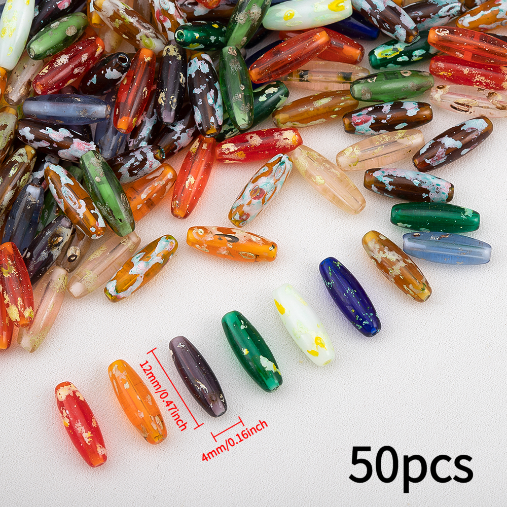 TEMU 50pcs Random Colors, Mixed Color Colorful Retro Pattern Rice Beads, Handmade Diy Beaded Necklace Bracelet Accessories, Glass Oblong Beads,