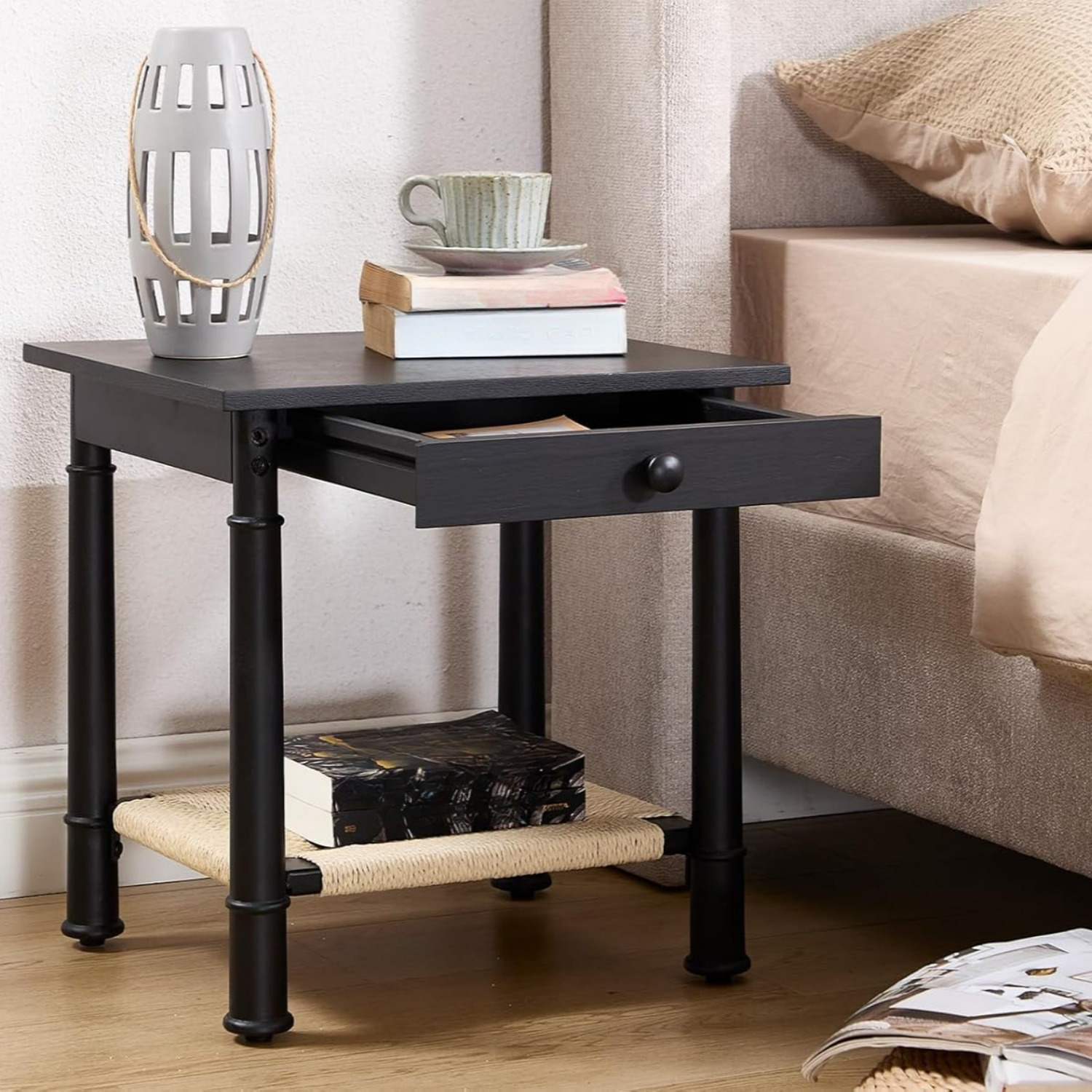 1pc 18 Inches Classical Square Side Table with Drawer 2-Tier End Table with Open Rattan Storage Shelf Solid Wood Sofa Table for Small Space, Living Room, Bedroom, Natural/ Black