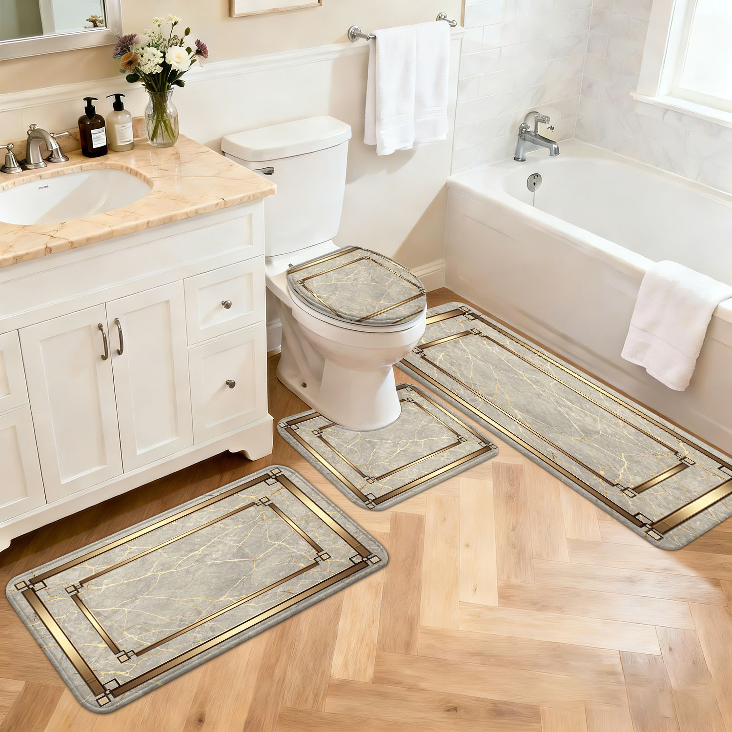 TEMU Juego de 3/4 piezas de alfombra de baño de lujo de mármol dorado, adecuada para ducha, inodoro, suelo de bañera - Alfombra gruesa, y de secado