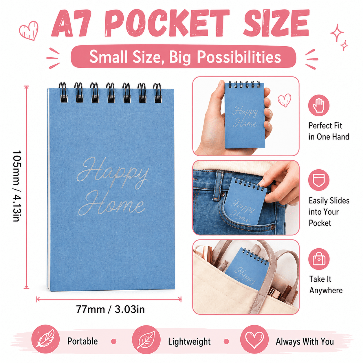 Customizable A7 Pocket-Sized Spiral-Bound Notebook with Lined Pages