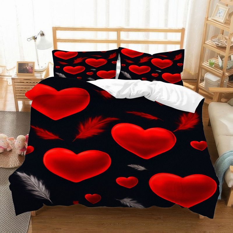 3pcs romantic heart pattern duvet cover bedding   red hearts black background comforter with pillowcases soft breathable microfiber fabric modern bedroom decor for couples master room 1 2 pillow cases Product details 3