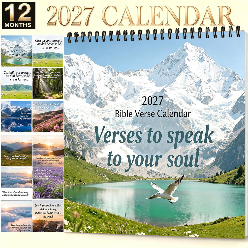 TEMU 1pc, 2027 Bible Verse Calendar 8.3 X 8.3 Inch Inspirational Scripture Wall Calendar Scenic Pattern Monthly Hanging Calendar For Christmas