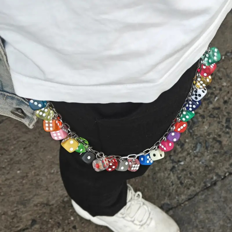 TEMU 2025 Colorful Dice Pants Chain Fashion Men And Women Single Waist Luxury Additions Hip Hop Keychain, Easy And Versatile