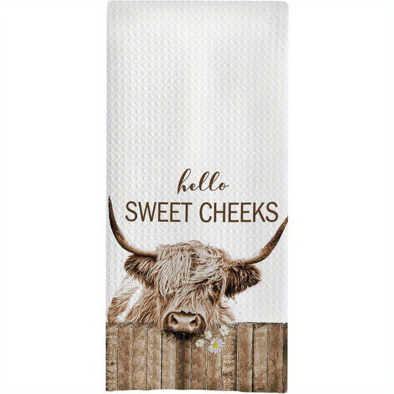 

1 Set Of Highland Cow Kitchen Towels, 18x26 Inch - "hello Sweet Cheeks" Farmhouse Decor, Polyester Hand Towels With Wooden Fence & For Kitchen/bathroom - Machine Washable, Dish Towels For Kitchen