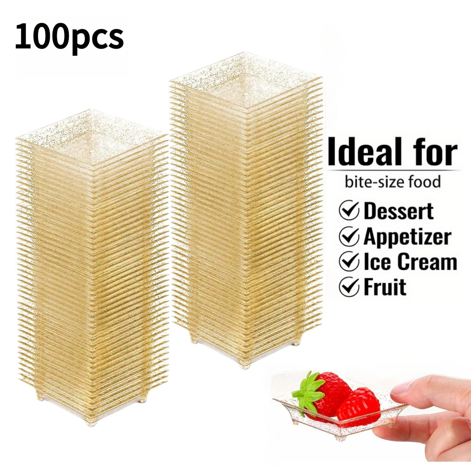 Image of 25/50/100pcs Clear Golden Glitter Dessert Plates& Dip Saucer Sets- Stackable Food-grade Ps, Reusable& Easy Clean/store- Perfect For Weddings, Parties, Camping& Catering