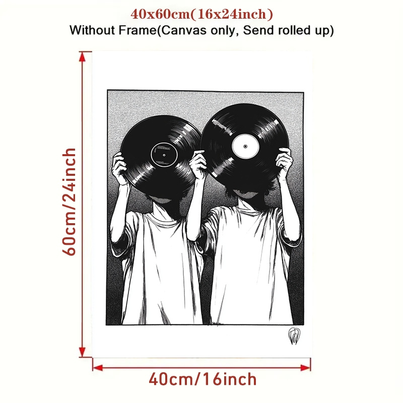 TEMU Black And Drawing Canvas Poster - , Vinyl Records Art, Ideal For Living Room, Kitchen, Home Decor, 2 People Holding Vinyl Records, Decorative