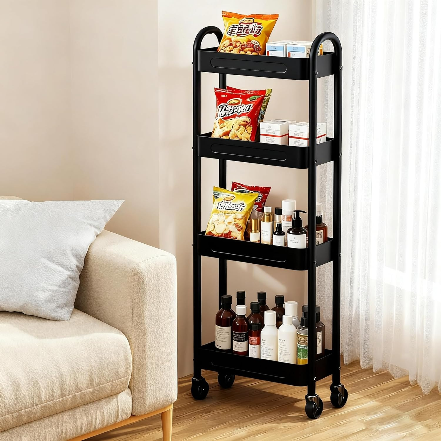 1pc Metal Slim Kitchen Trolley 4-shelf Rolling Rack With Brake Rubber Wheels Compact Kitchen Island