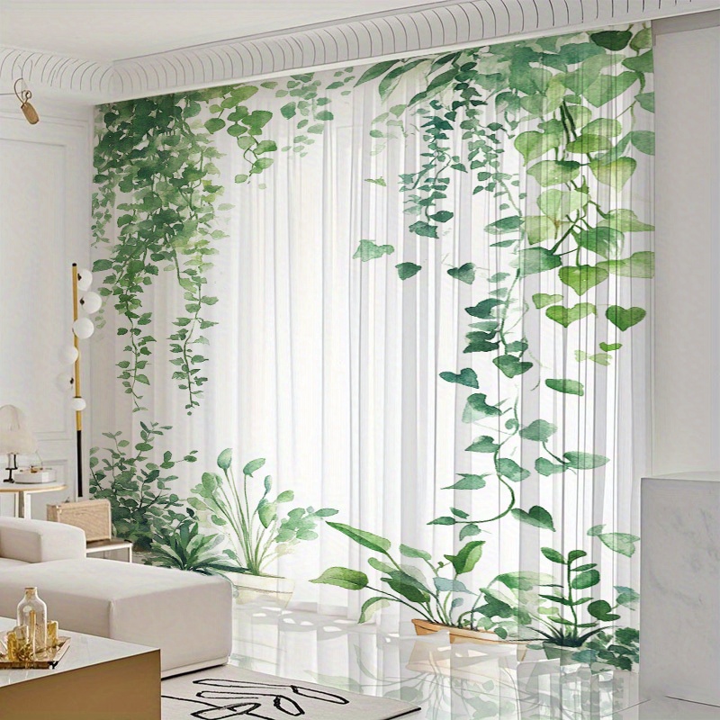 TEMU 2pcs Semi-transparent Sheer Curtains, Fresh Watercolor Green Plant Print Modern Minimalist Style Home Decor Window Treatments, Suitable For