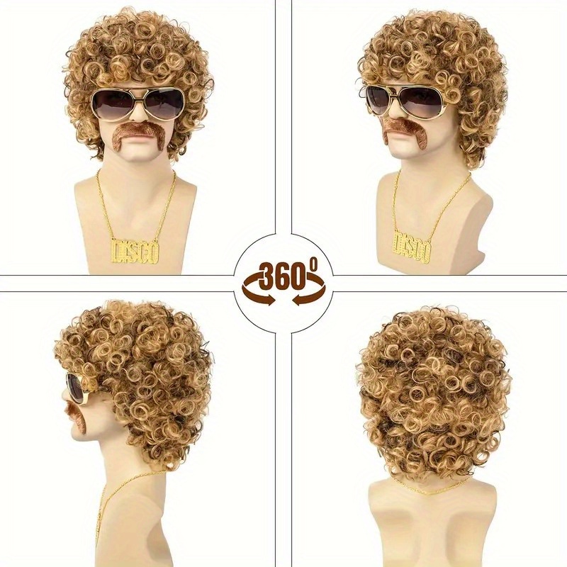 disco wig 5pcs set wig glasses necklace wig cap - Temu display picture 2