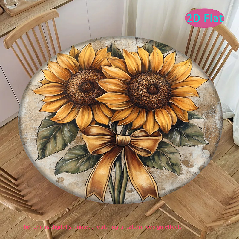 TEMU 2026 New 1pc Tablecloth With Elastic Band, Summer Vintage Sunflower Pattern 2d Flat Printed Round Stretch Table Cover, Holiday Gift Indoor