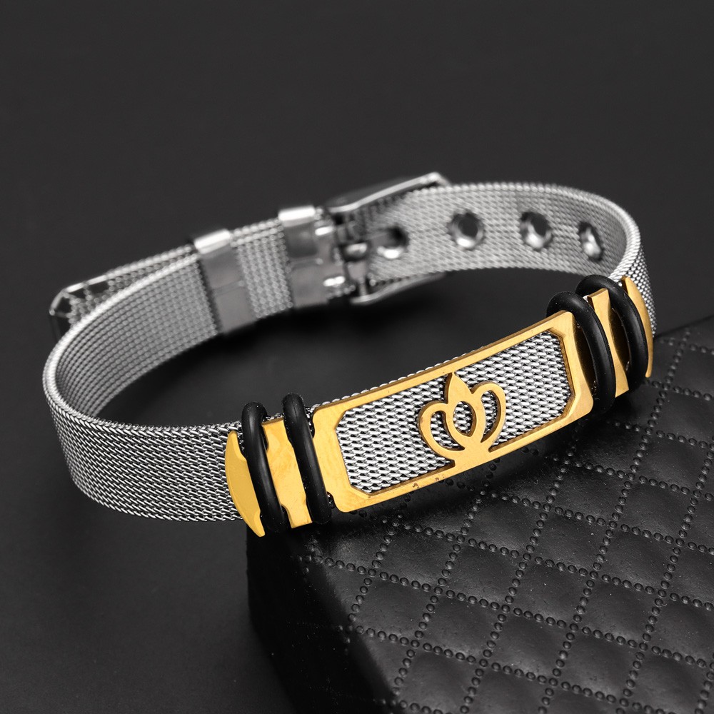 TEMU Men' Steel Adjustable Bracelet With Interlocking & Crown Accent - Heavy Duty Black & Golden For Parties, Casual Attire - Durable Comfortable