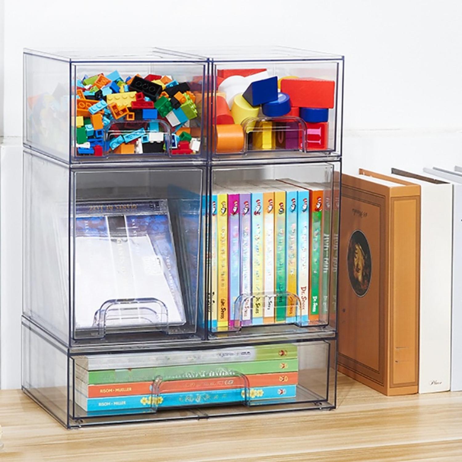 TEMU Lot de 5 de rangement empilables en plastique transparent pour tiroir, contenants de bureau multi-tailles pour fournitures de bureau, papeterie,