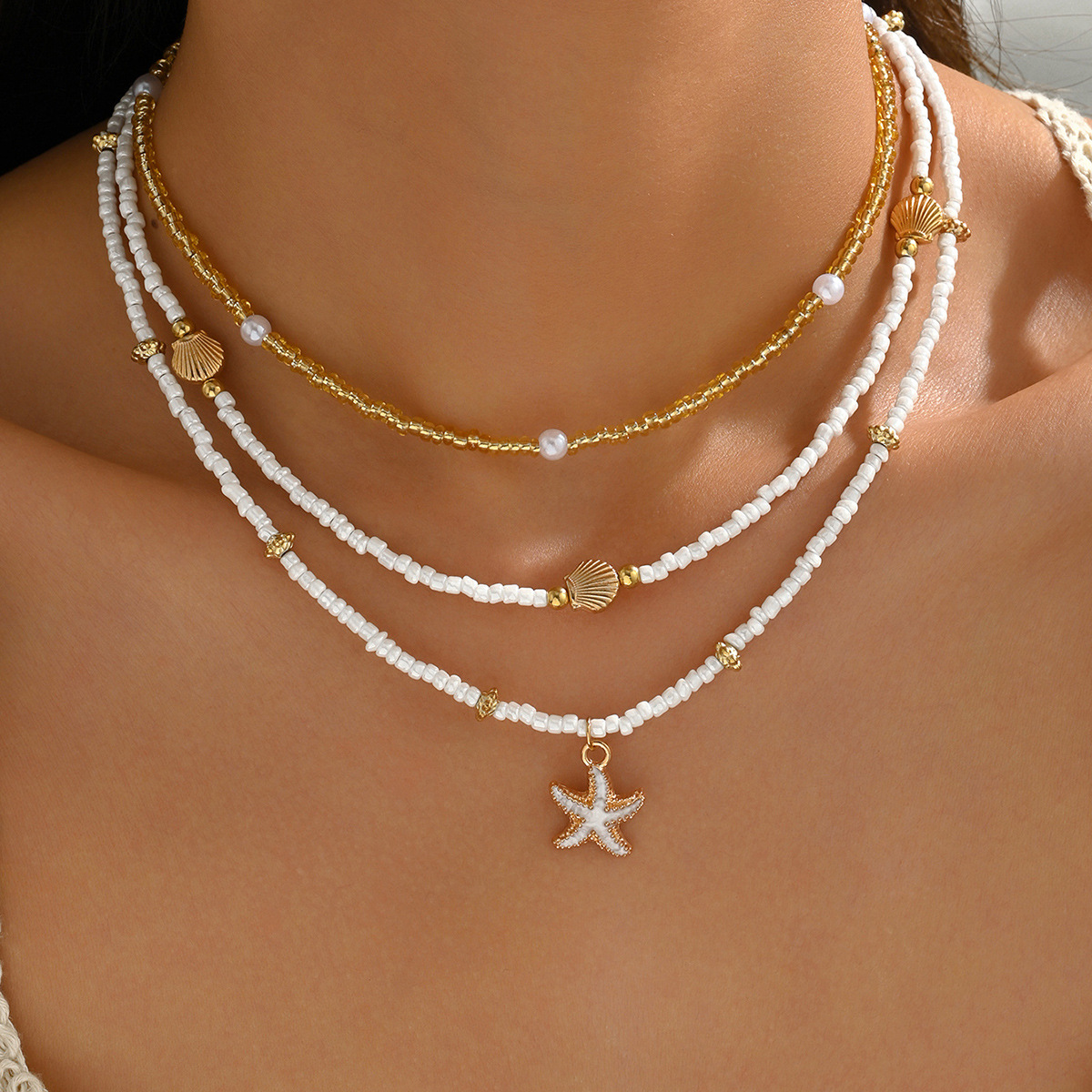 TEMU 1pc New Women's Bohemian Beaded Shell Necklace, Summer Versatile Starfish Shell Beaded Layered Necklace