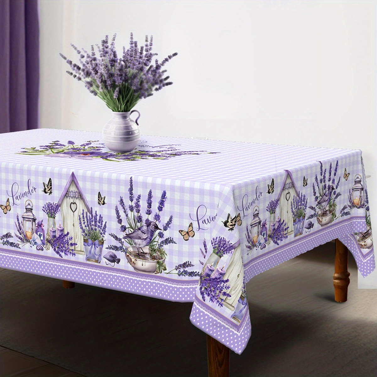 TEMU 1pc Lavender Tablecloth, Purple Lavender Flowers With And Buffalo Check Design, Durable Rectangular Dining Table Cover, Suitable For Farmhouse