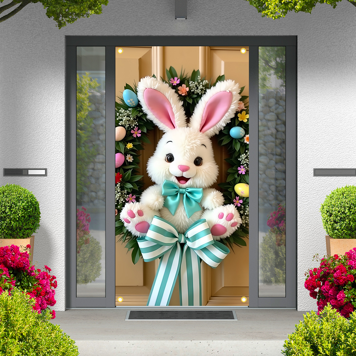 

2d Door Banner 1pc Dienalls Polyester Easter Bunny Door Wreath Banner With Floral Accents And Striped Bow - Universal Seasonal Hanging Decoration For Indoor/outdoor Events & Party Supplies