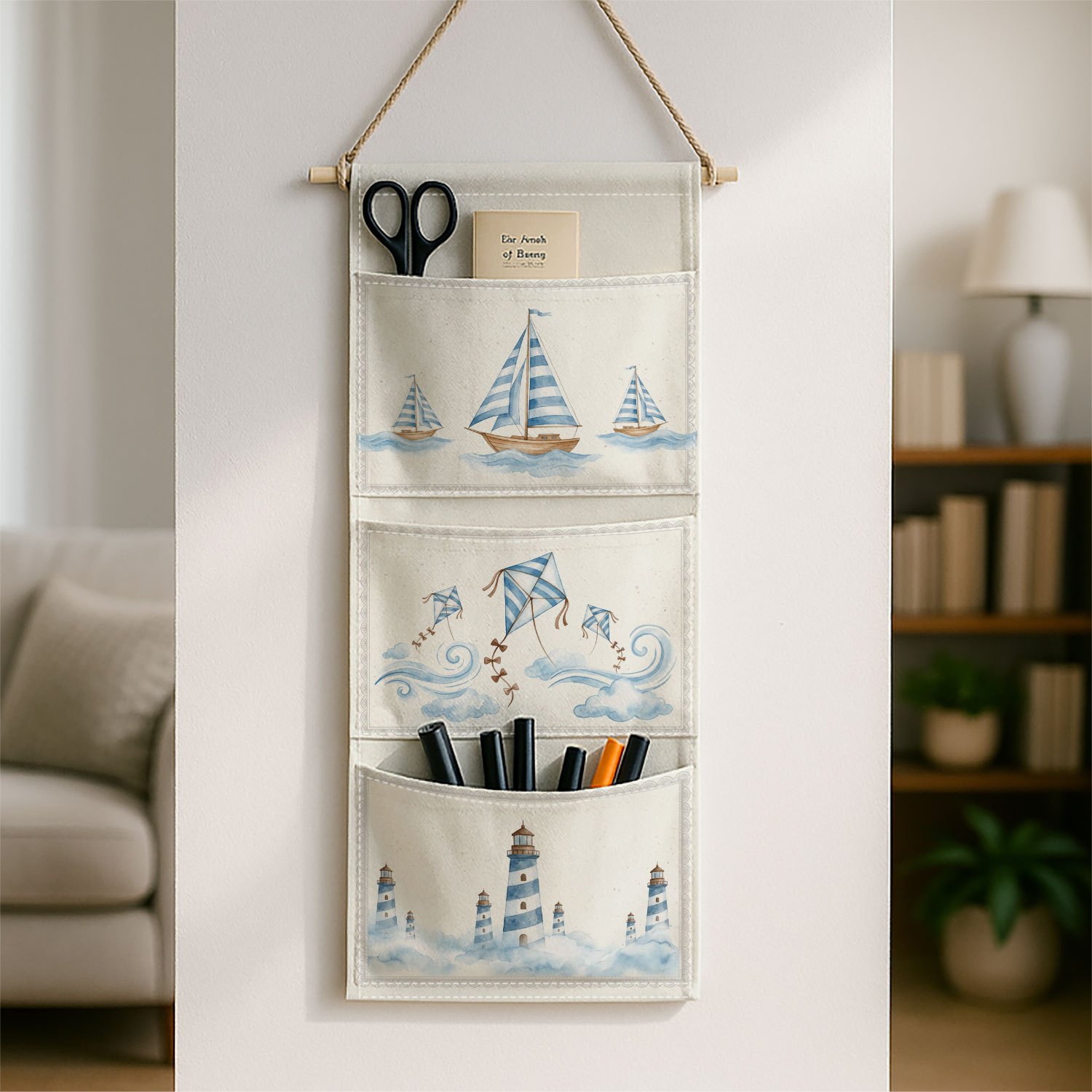 TEMU 1pc Nautical Wall-mounted Storage Pocket - Coastal Sailboat Lighthouse Door With Hanging Fabric Bag, Blue Watercolor Ocean Suitable For Behind