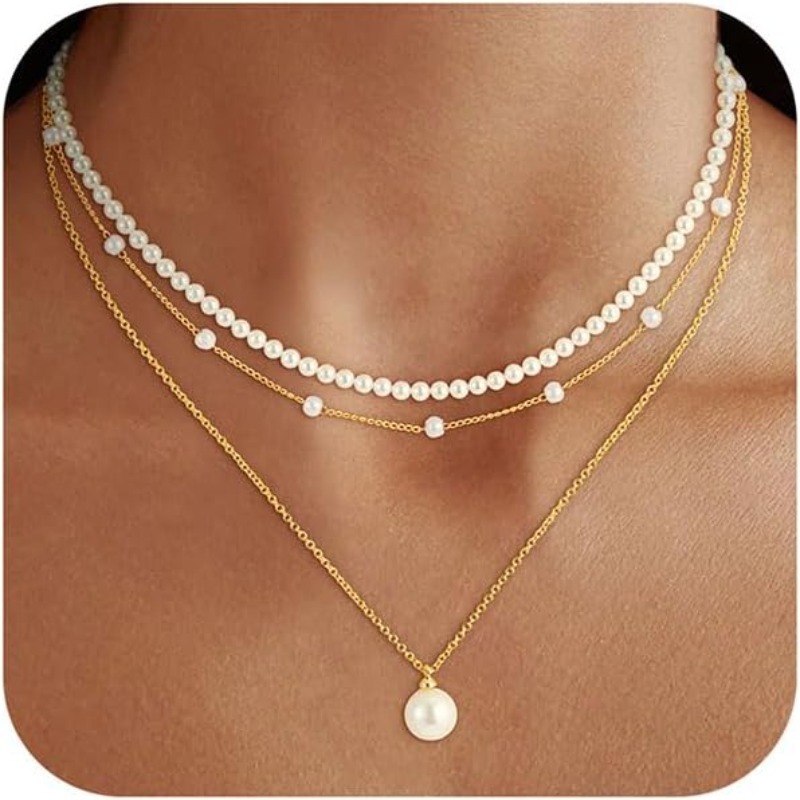 TEMU Pearl Necklaces For Women Trendy, Layered Pearl Necklaces Dainty Pearls Choker Necklace And Earring Set Birthday Gifts For Mom Wife Daughter