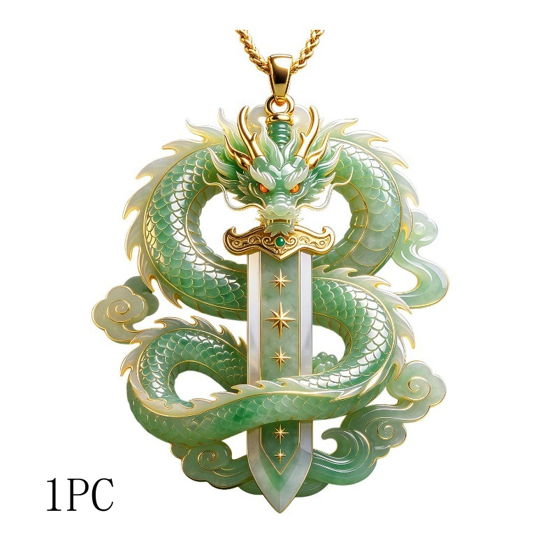 TEMU 1pc Dragon Shadow -star Sword Necklace Pendant, Oriental Green Dragon Pattern Metal Ornament, Luxurious And Sophisticated Design, Suitable For