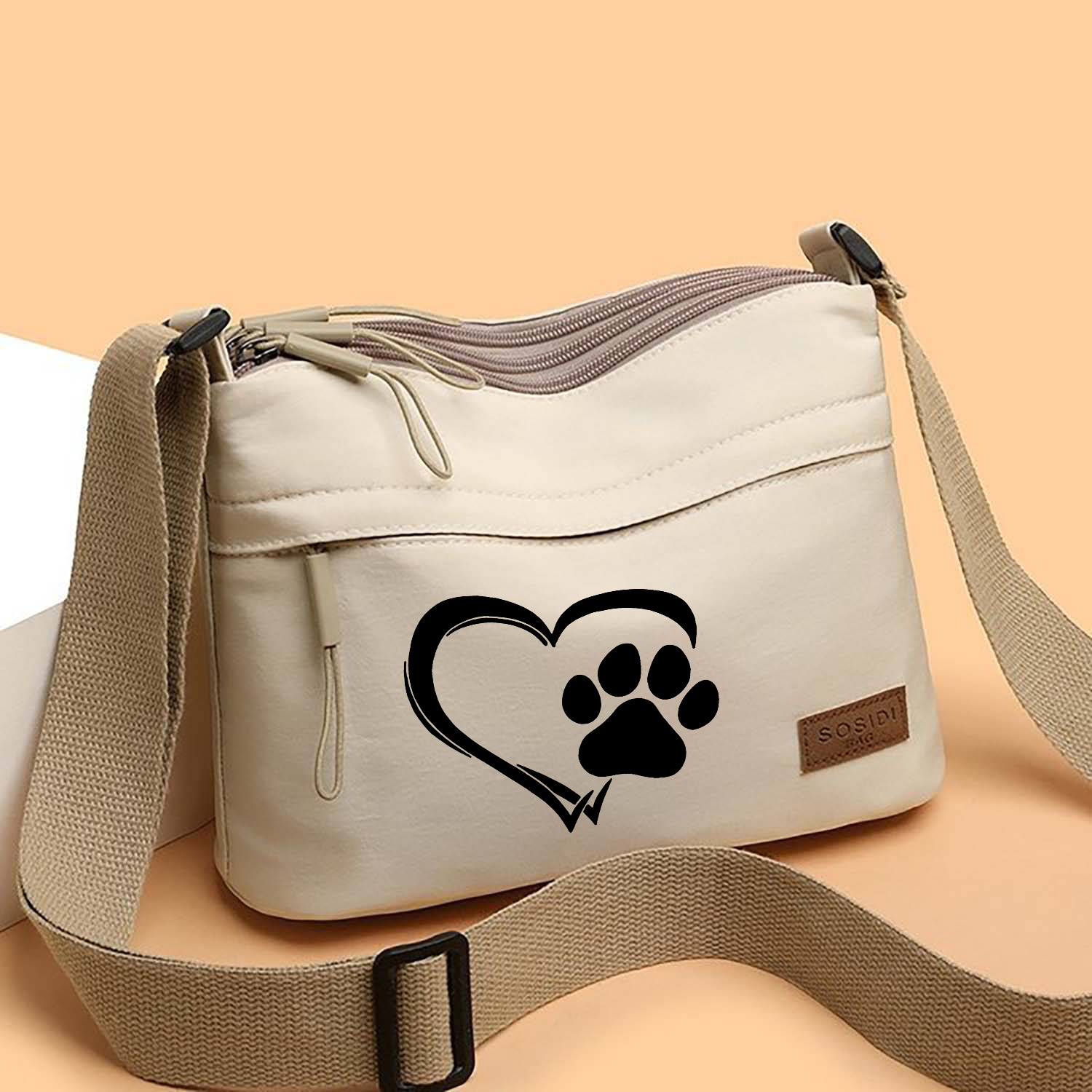 TEMU Nouveau sac bandoulière tendance, motif imprimé patte de cœur, à fermeture éclair à 3 couches, sac à bandoulière multifonctionnel, petit sac