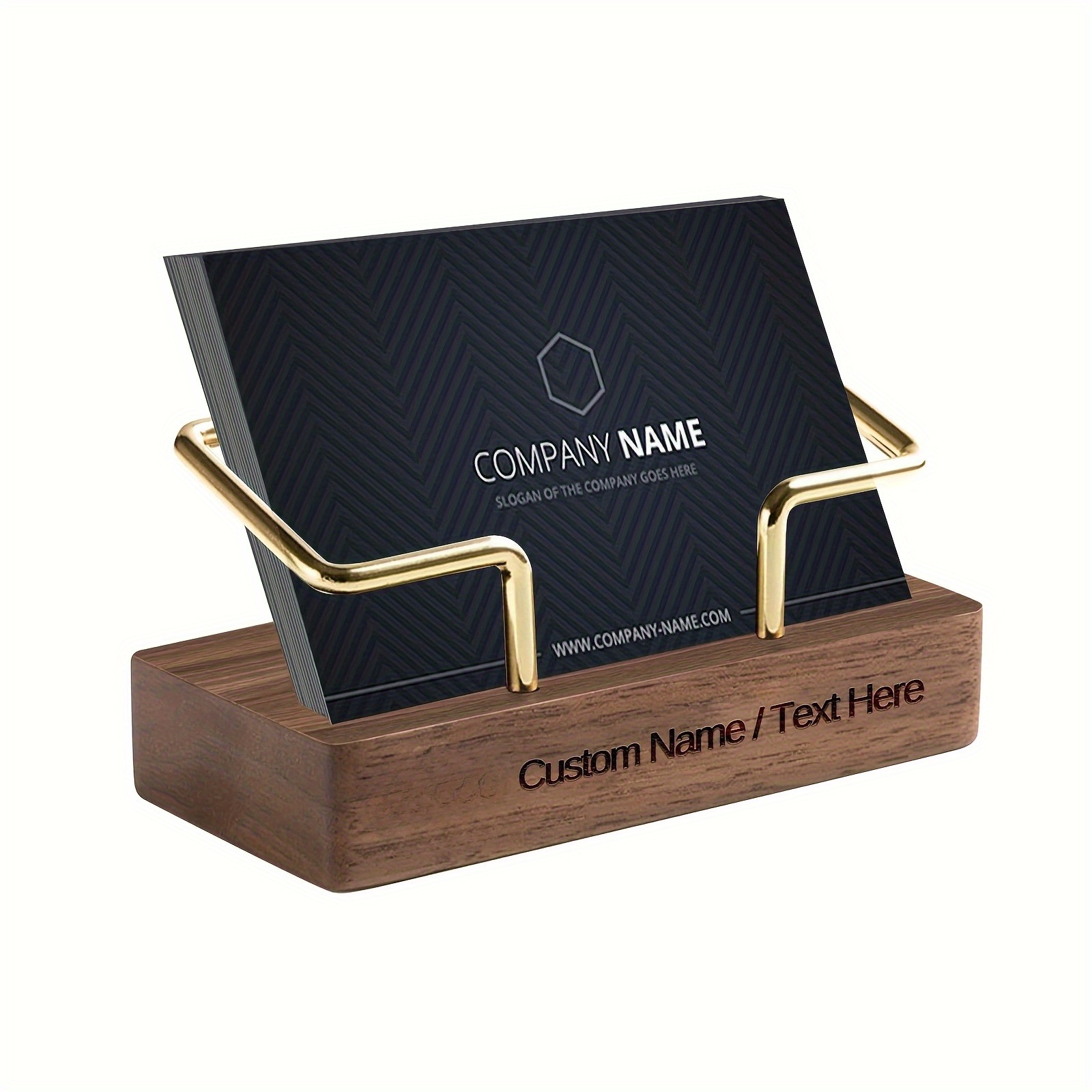 Personalized Business Card Holder - Custom Engraved Name & Company, Elegant Desk Organizer with Golden brackets, Recycled Wood Construction - Office, Wedding, Anniversary, Birthday Gift for Professionals, Corporate Presentations - Custom Text Personalization, Business Card Holder for Desk, Dark Finish Base