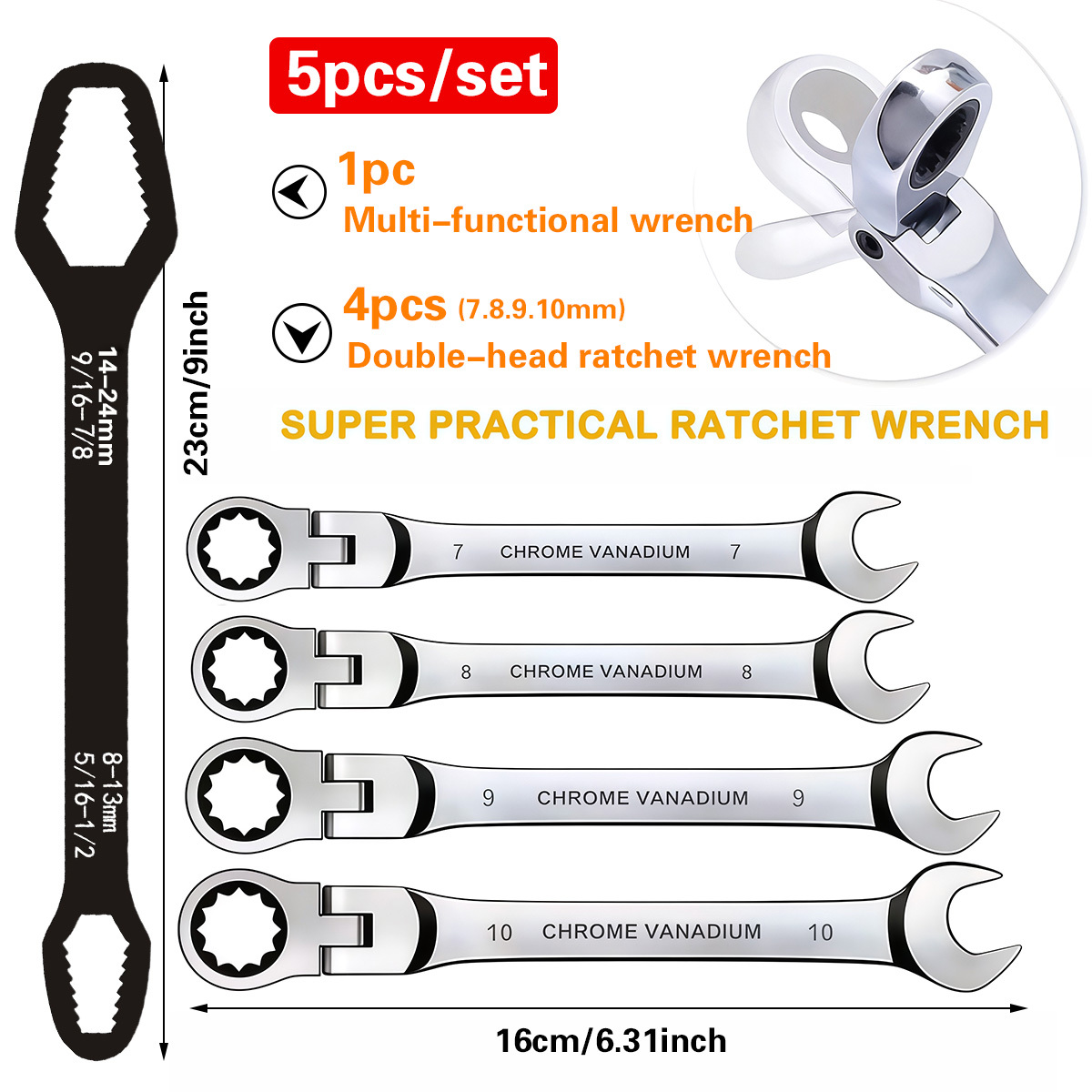 TEMU 5pcs Multifunctional Adjustable Combination Ratchet Wrench Set 72 Tooth Cr With Adjustable Double Ended Box Wrench For Home Auto Mechanical