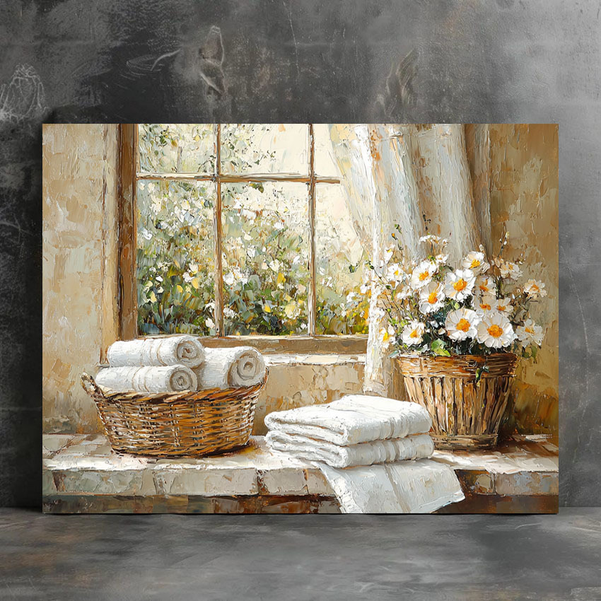 TEMU 1pc Day Framed Canvas Wall Art - Rustic Farmhouse Decor With Wicker Baskets & Floral Painting, 11.8x15.7 Inch Ready-to-hang Wood Frame For