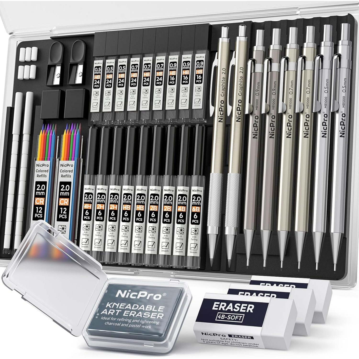 TEMU 8pcs Metal Mechanical Pencil Set 0.5/0.7/0.9/2mm Art Drawing Pencils With 20 Tube Lead Refills Eraser Pencil Holder For Sketching Drafting