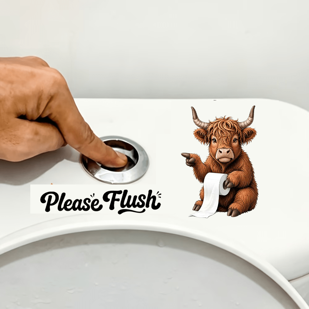 TEMU 1 stuks 2D Platte Sticker "Alstublieft Spoelen" Highland Koe Spoel Herinnering Toilet Sticker, Schattig Element Decoratie, Badkamer Verfraaiing