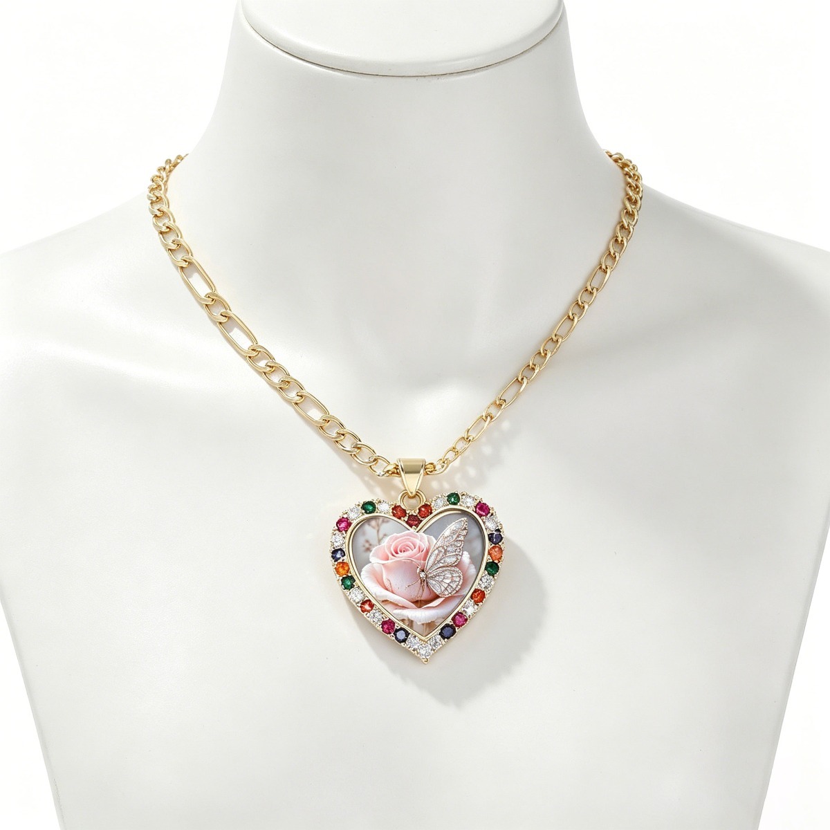 Women's Vintage-Style Pink Rose Pattern Stainless Steel Pendant Necklace