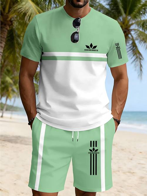 photo de l'article ensemble de sport décontracté, ensemble 2 pièces dété pour hommes, comprenant un short et un t-shirt à manches courtes , avec un motif et un logo