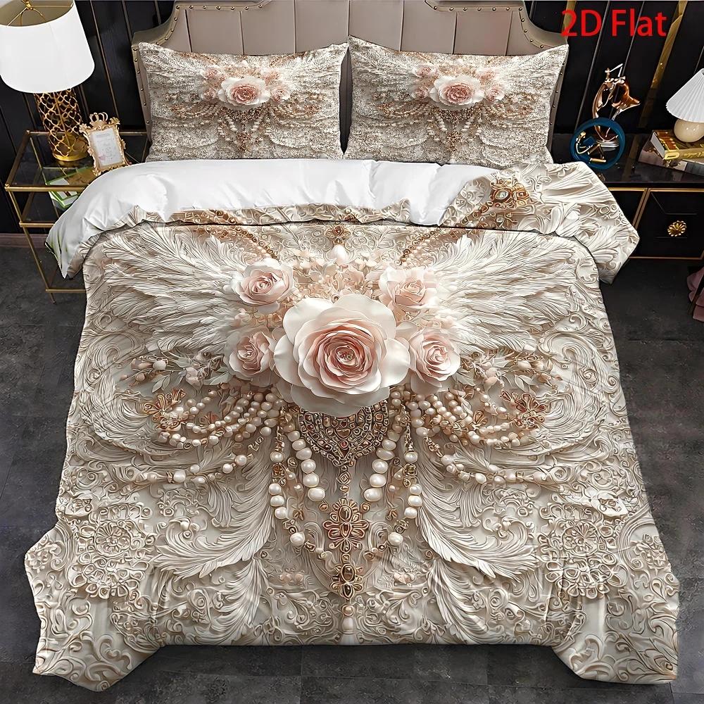 TEMU 3pcs Duvet Cover Set, 1pc Duvet Cover And 2pcs Pillowcases (no Filling) 2d Flat Printing, Duvet Cover Set, Golden Theme, Baroque , Christmas, ,